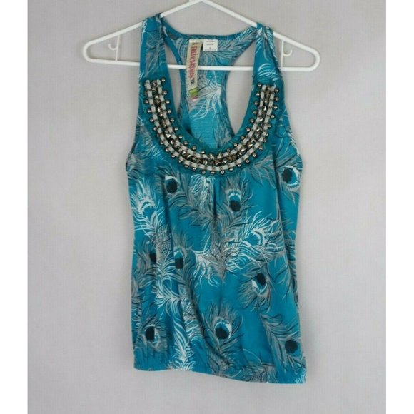 Fresh Brewed Women's Blue Studded Tank Top With Peacock Feathers Design Small - Picture 2 of 5